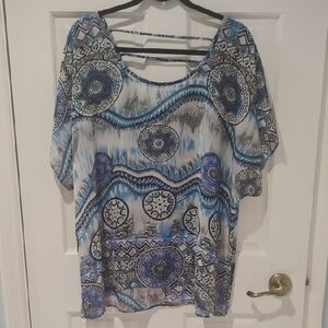 Ashley Stewart Sheer Blue and Black Patterned Tunic